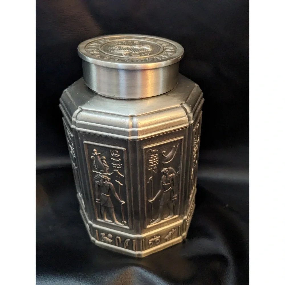 Vintage Egyptian Pharoh Ebros Sarcophagus Tea Box Canister Metal 6 Inch